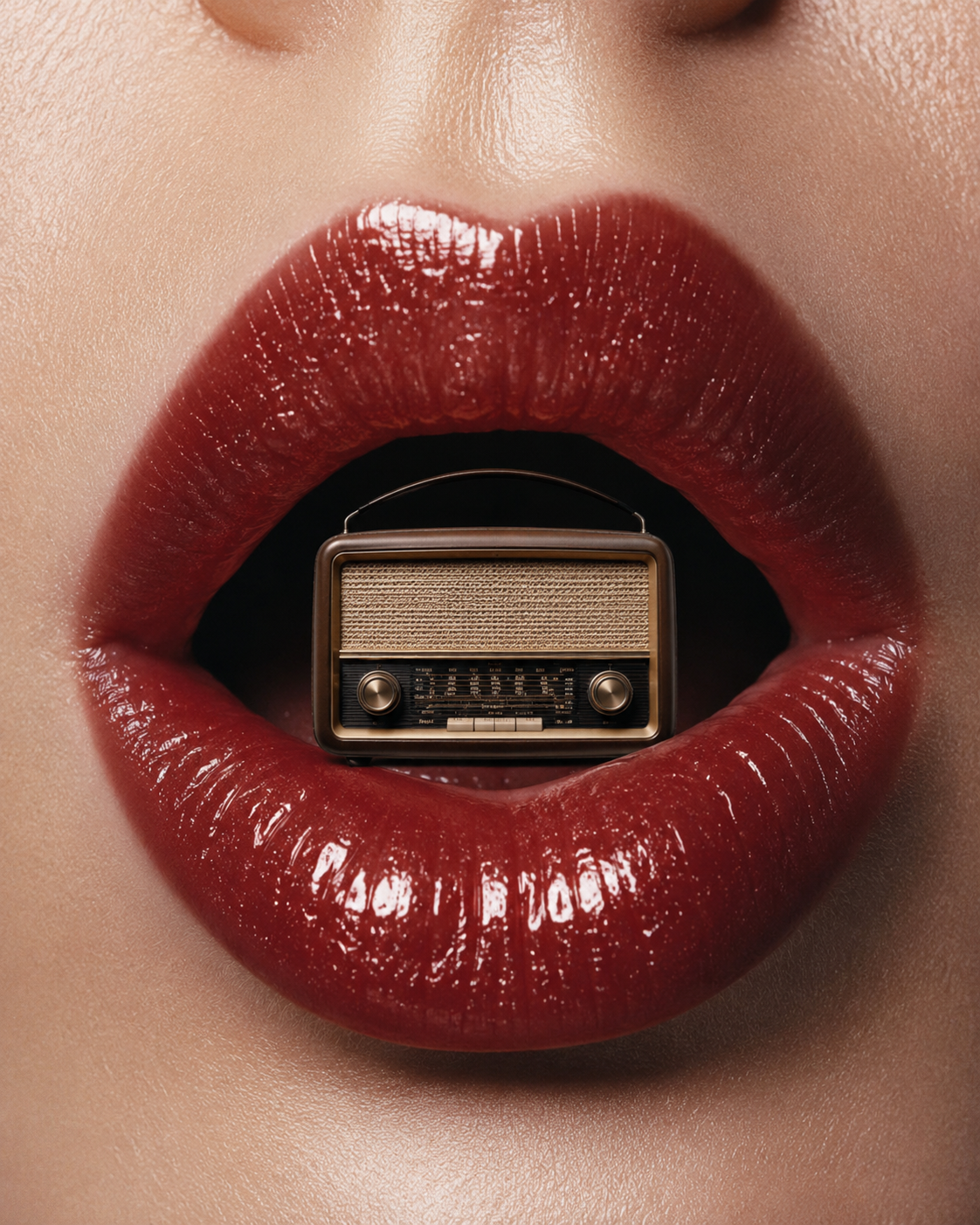 Lèvres rouges et mini radio