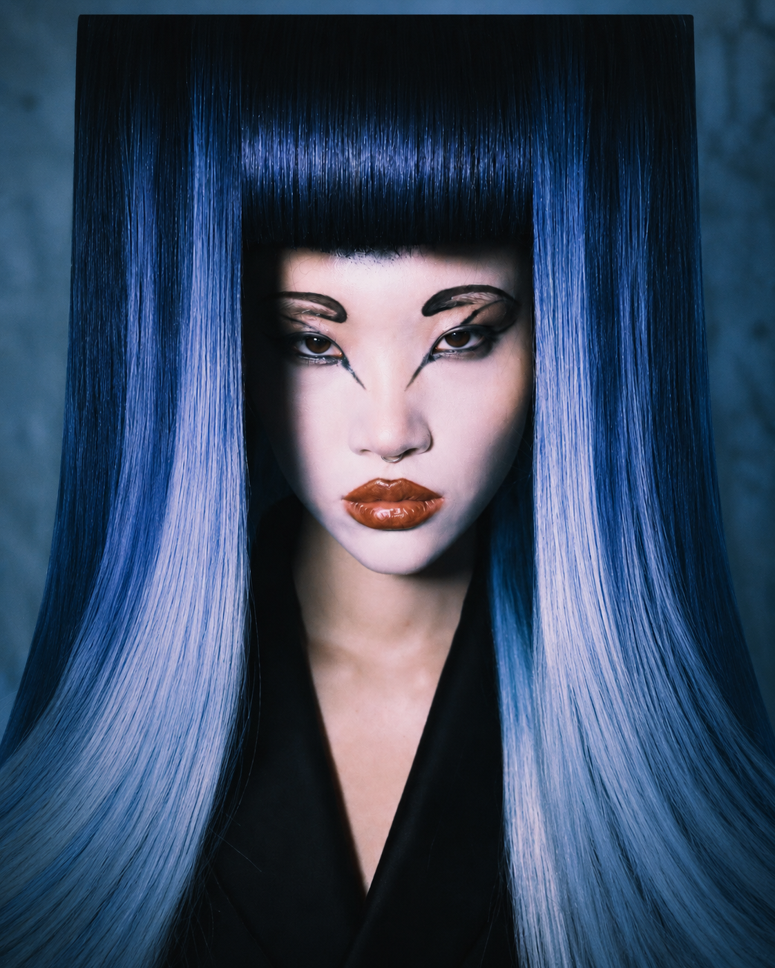 Portrait futuriste aux cheveux bleus