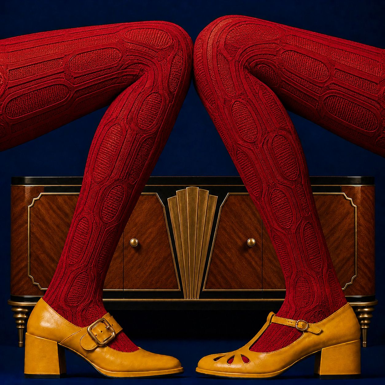 Jambes en collants rouges et chaussures jaunes