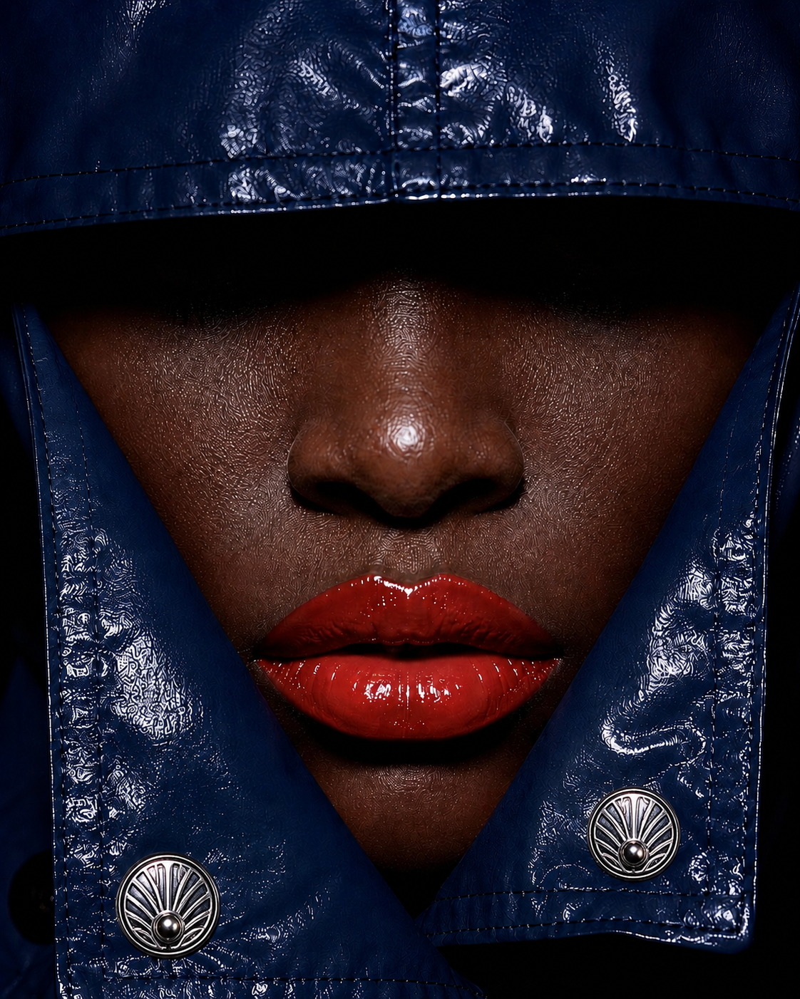 Visage bleu avec lèvres rouges laquées